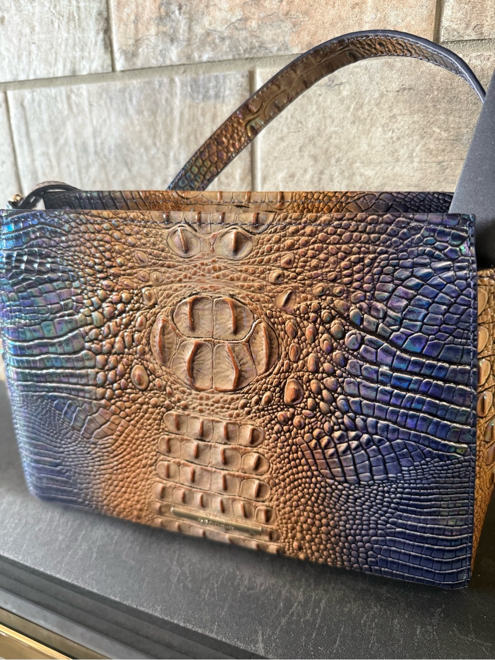 Brahmin Iridescent Croc-Embossed Hillary in Brown and Blue